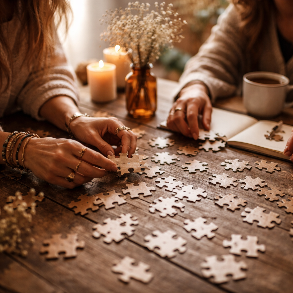 Two women’s hands fitting puzzle pieces on a wooden table, symbolizing patience, perception, and the unseen complexity of intelligence.
