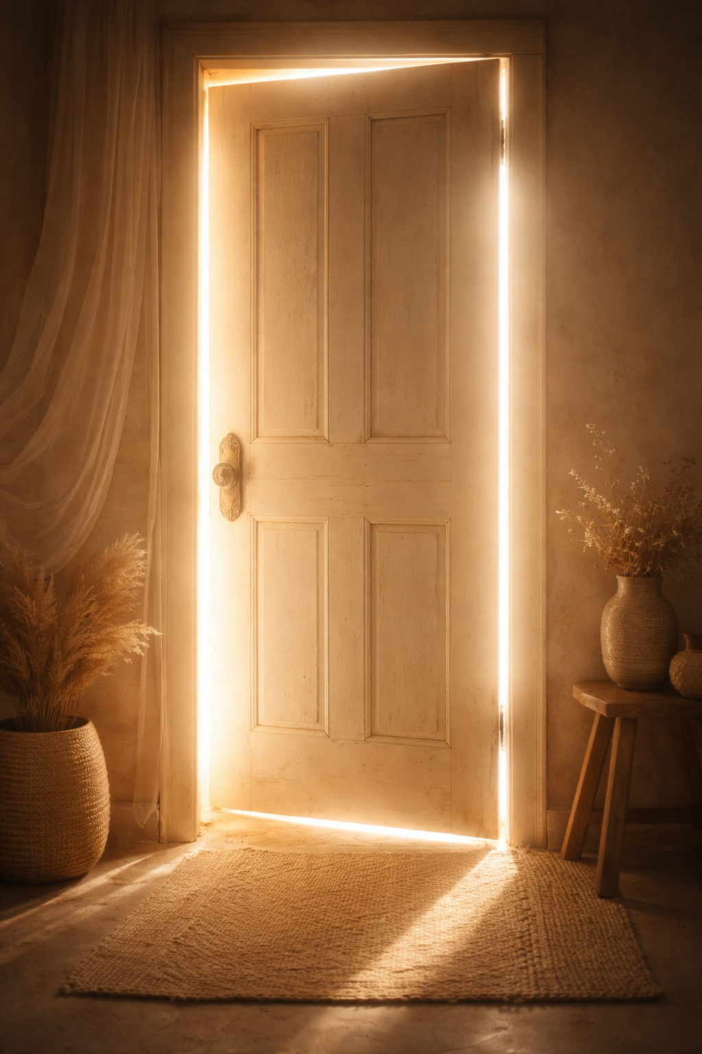 Boho-style beige room with a closed wooden door glowing with light around the edges, symbolizing hope and new beginnings.